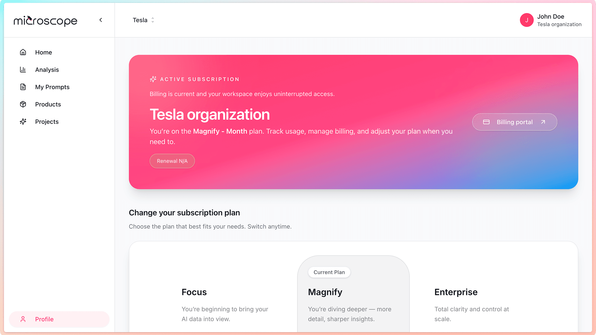 Subscription management page