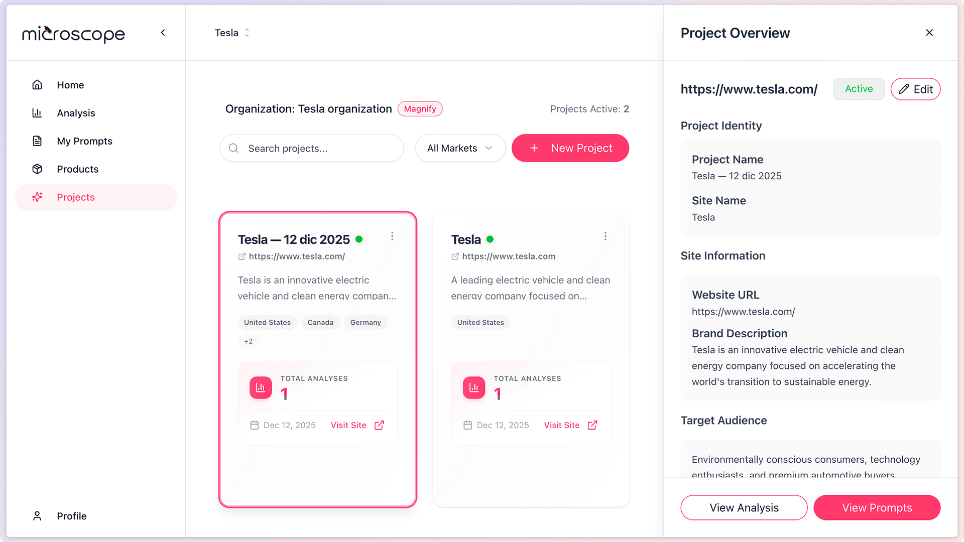 Screenshot: project settings page
