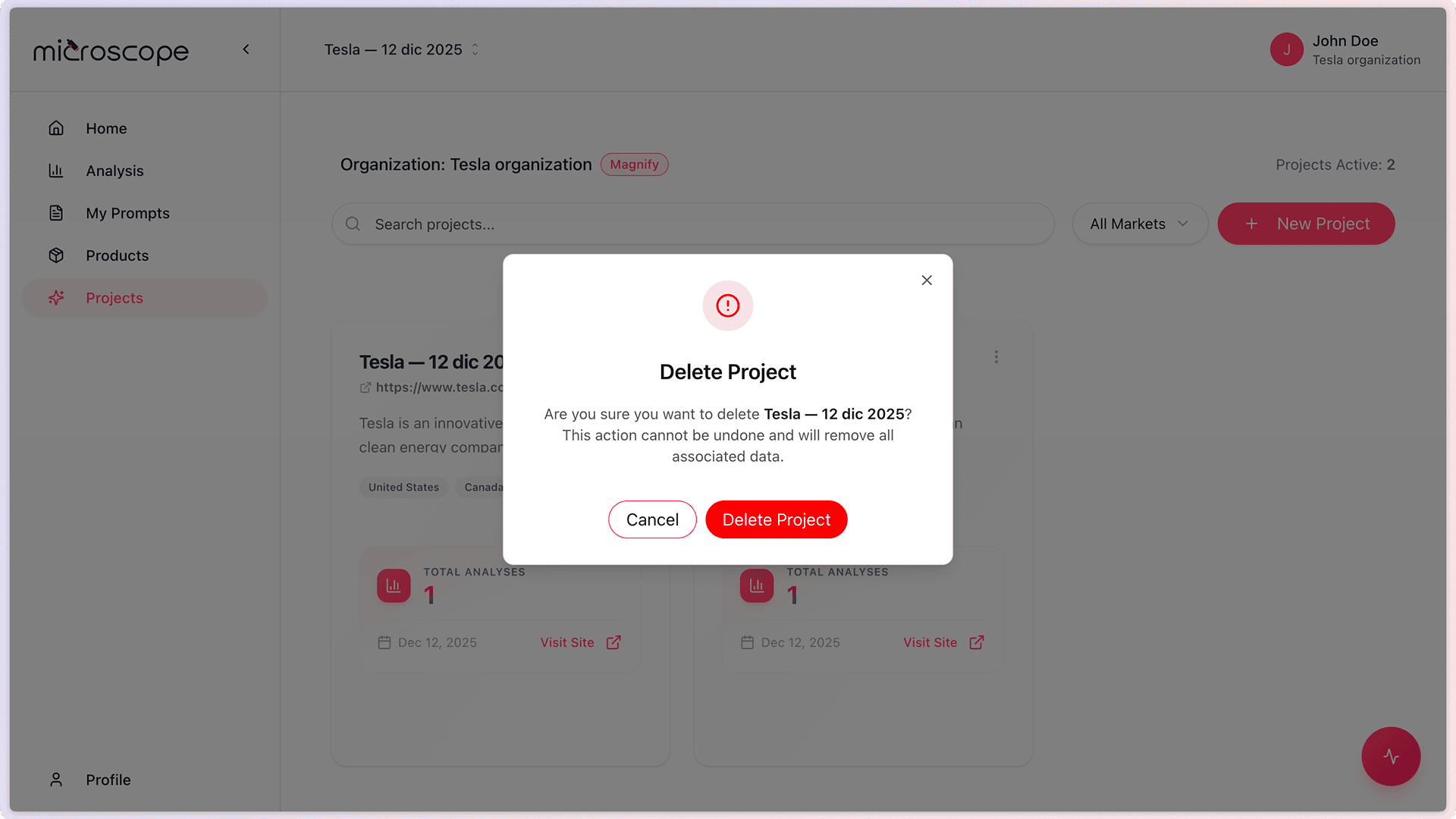Delete project confirmation
