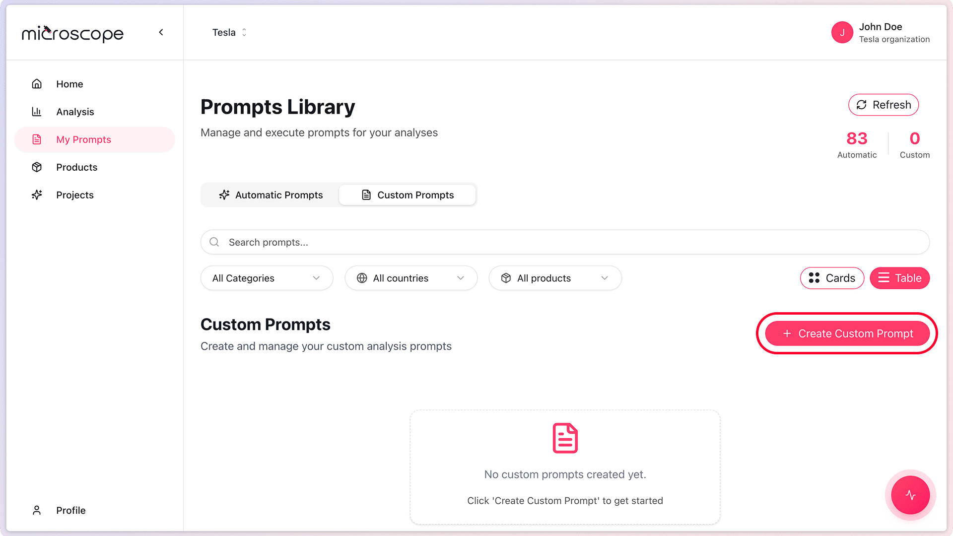 Screenshot: create custom prompt button