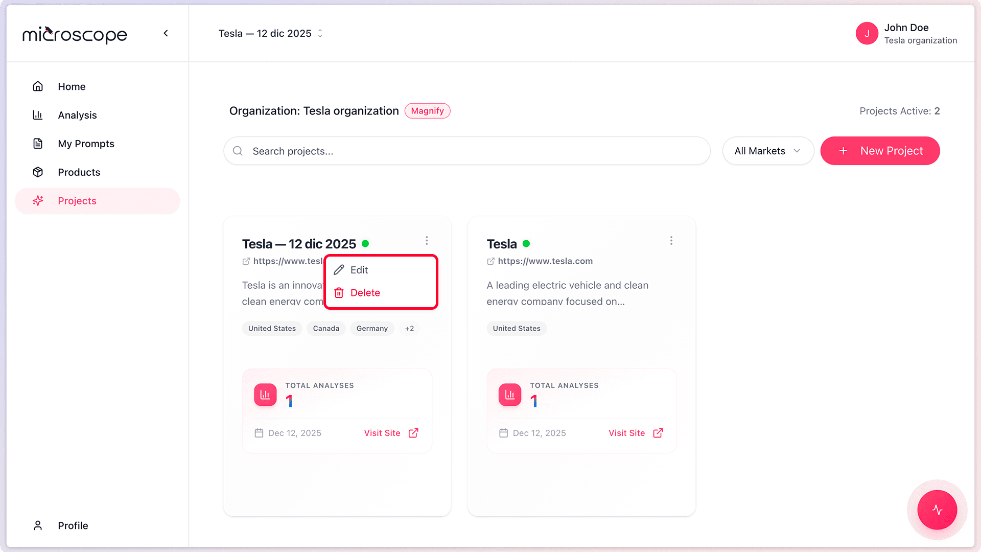 Project edit options