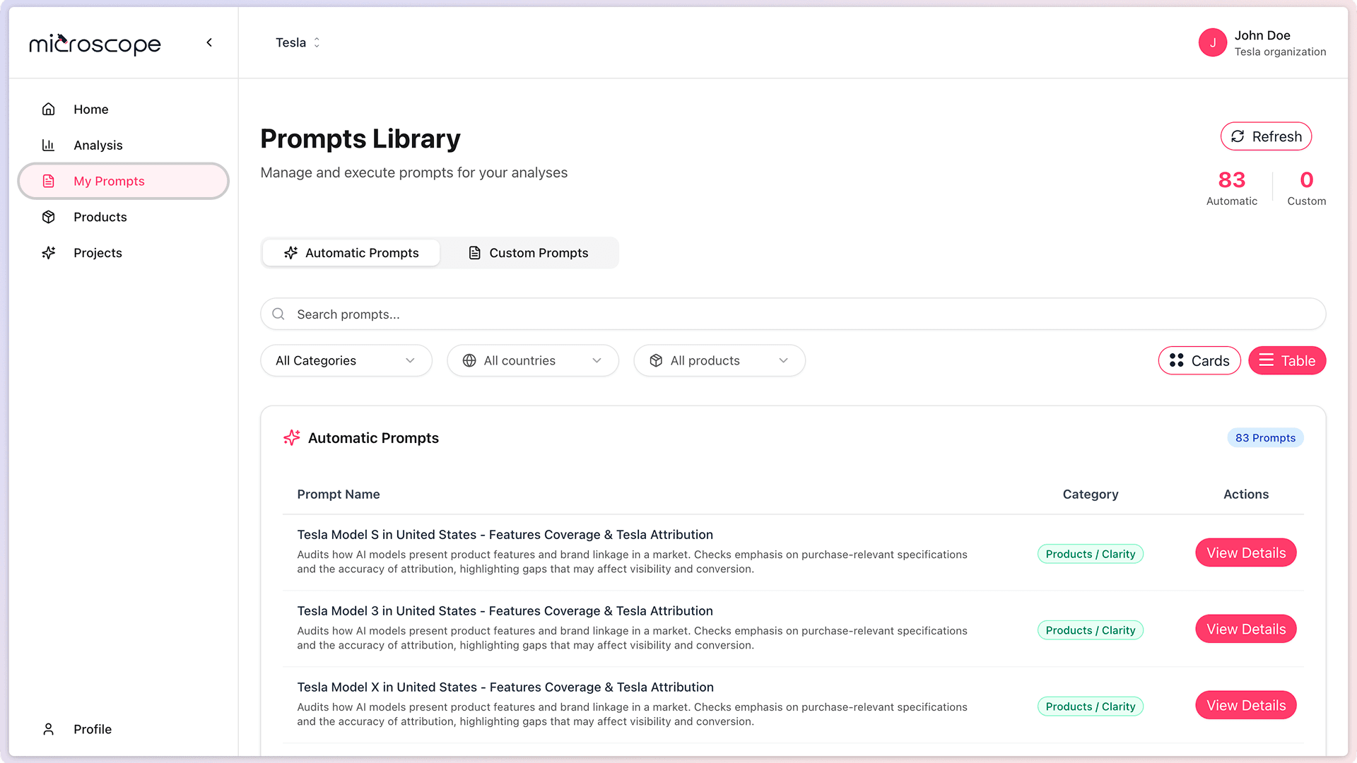 Prompts library with automatic and custom tabs